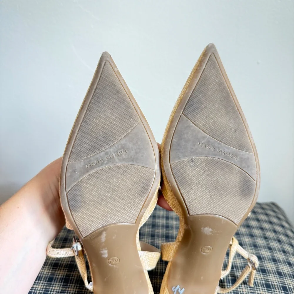 Marc Fisher Zala Woven Raffia Slingback Kitten Heel Pump Size 7.5 Tan